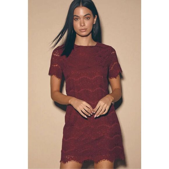 Lulus Take Me to Brunch Burgundy Lace Shift Dress Size Extra Small XS New W Tags - Picture 2 of 11